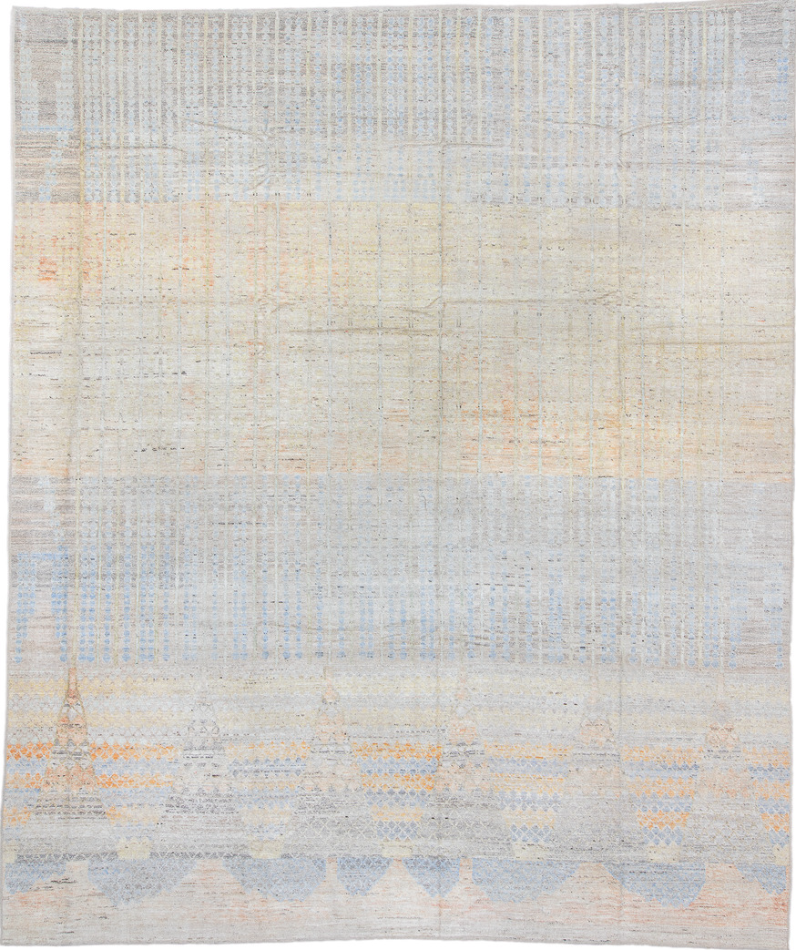 13' x 16' one-of-a-kind handmade vintage Tulu oversize rug. Color palette: black, blue, dark gray, gainsboro, gray