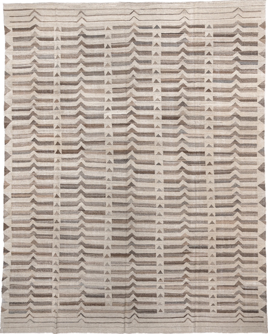 12' x 16' one-of-a-kind handmade vintage Kilim oversize rug. Color palette: gray, light gray, off-white, pink, linen