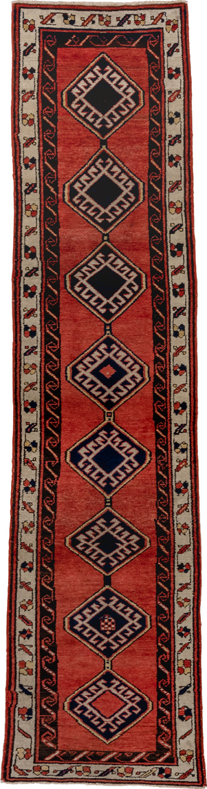 2' x 9' one-of-a-kind handmade vintage Sarab runner rug. Color palette: black, brown, gray, off-white, pink, red, snow