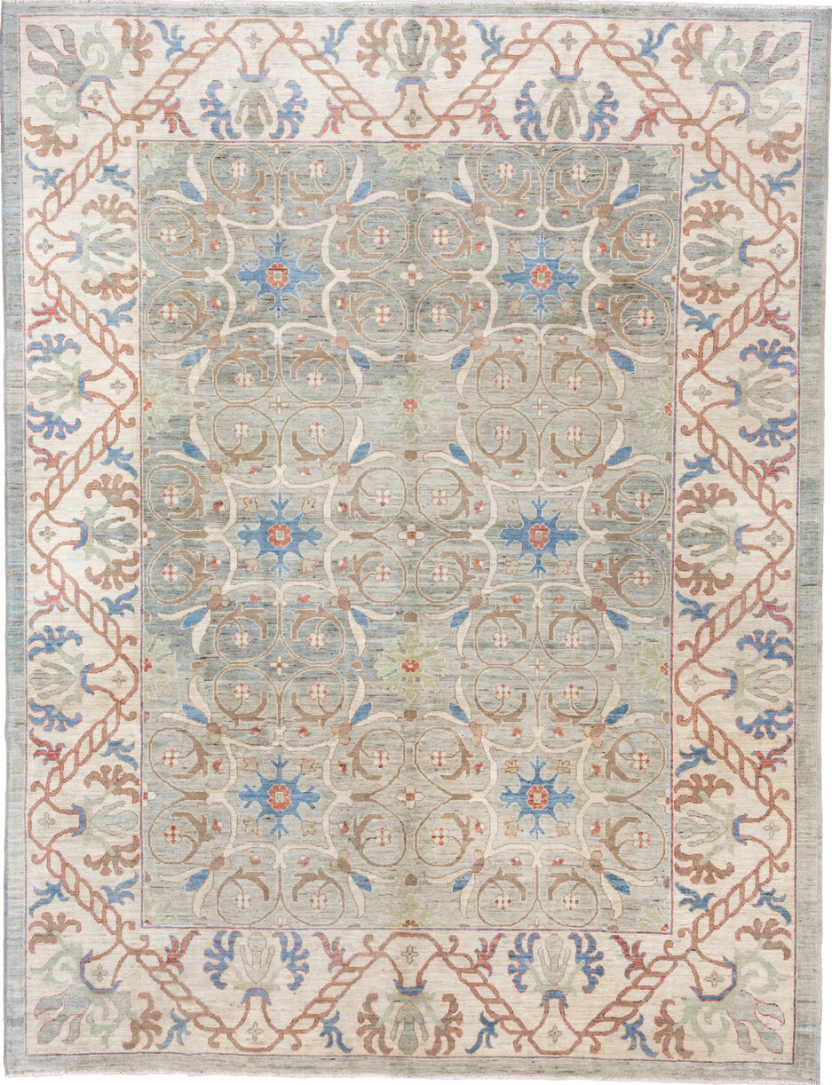 9' x 11' one-of-a-kind handmade vintage Tulu large size rug. Color palette: antiquewhite, brown, dark gray, gray, light blue