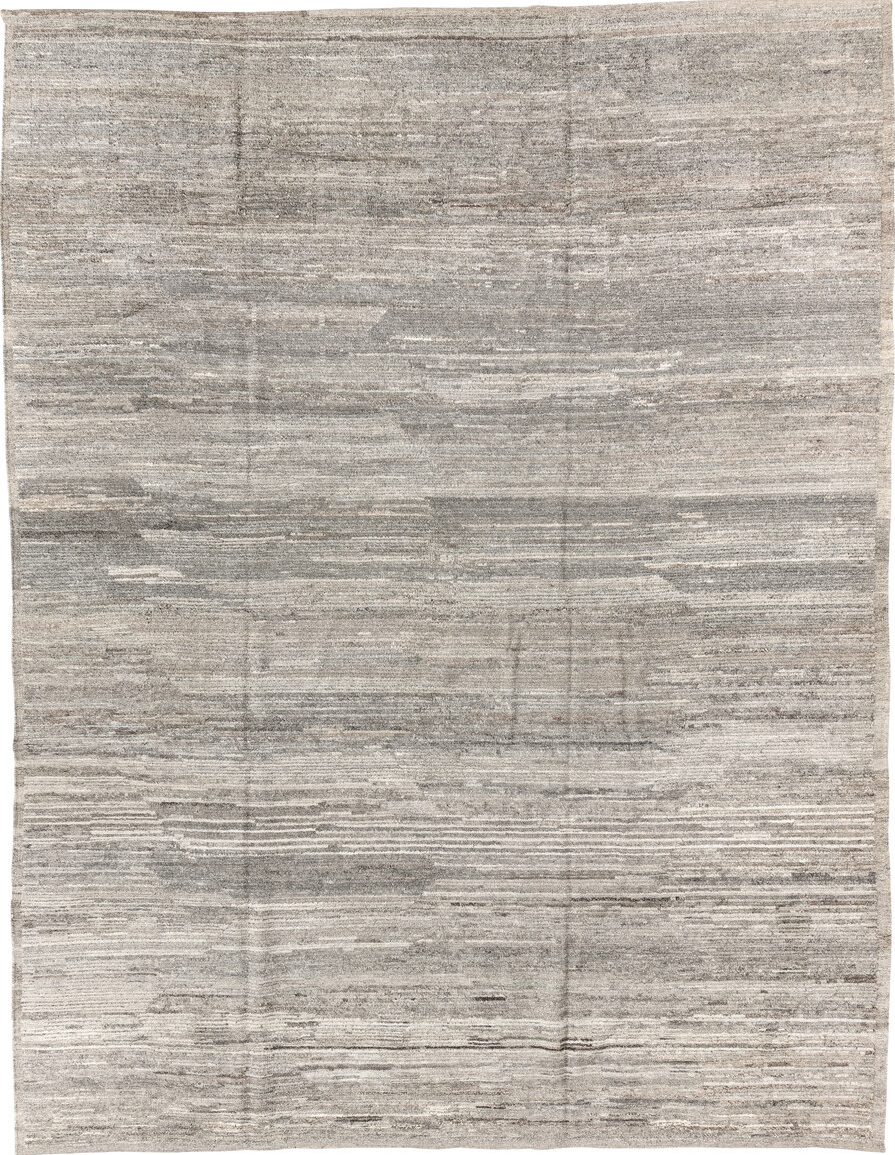 9' x 12' one-of-a-kind handmade vintage Tulu large size rug. Color palette: black, gray, light gray, off-white, pink