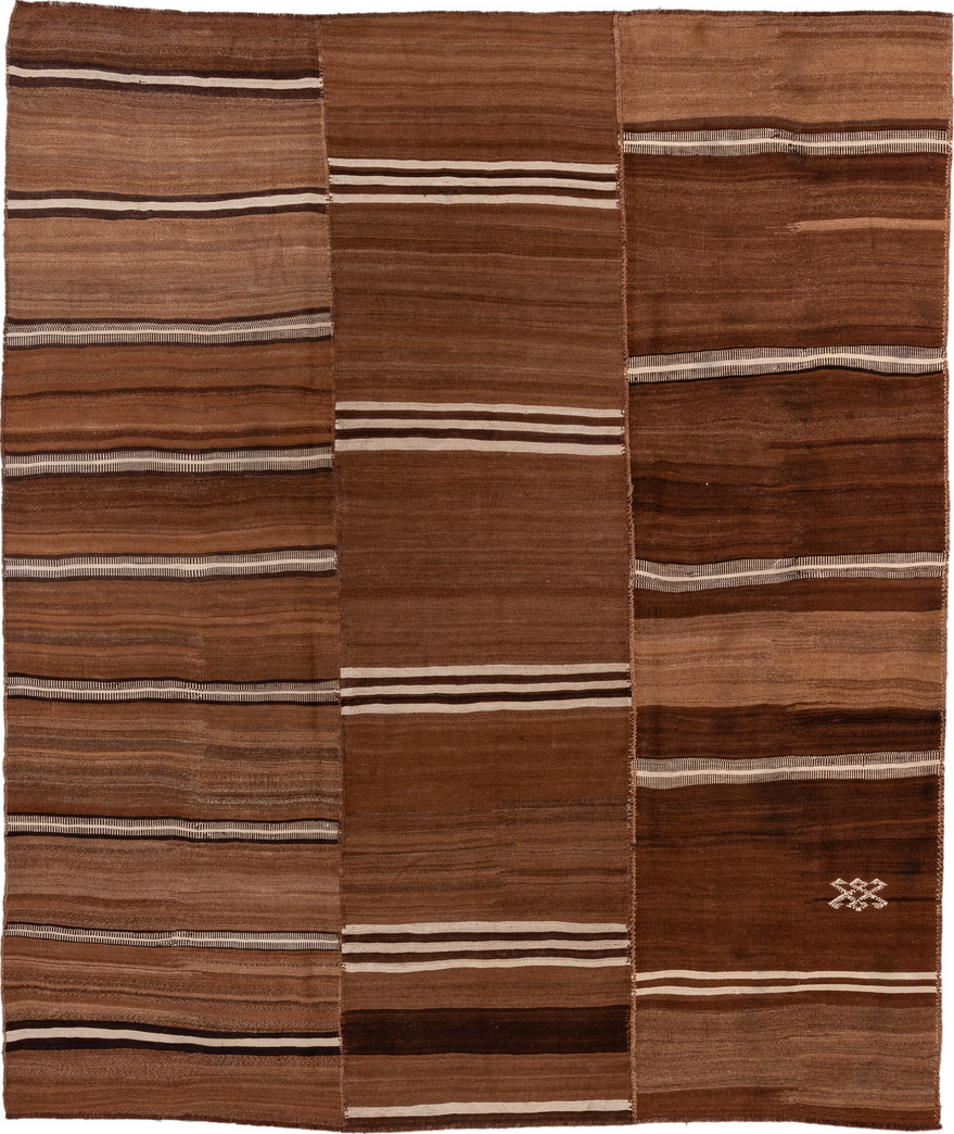 8' x 10' one-of-a-kind handmade vintage Kilim large size rug. Color palette: brown, gray, off-white, pink