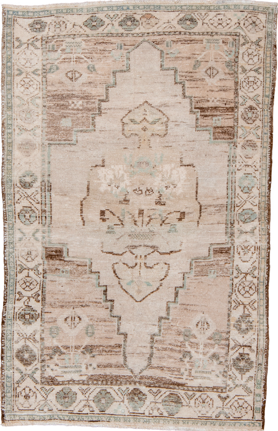 3' x 4' one-of-a-kind handmade vintage Oushak small size rug. Color palette: brown, dark gray, dim gray, gray, light gray