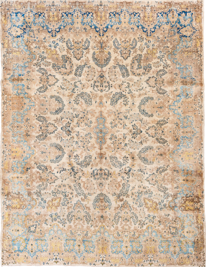 7' x 9' one-of-a-kind handmade vintage Kerman rug. Color palette: antiquewhite, blue, brown, dim gray, gray, light gray