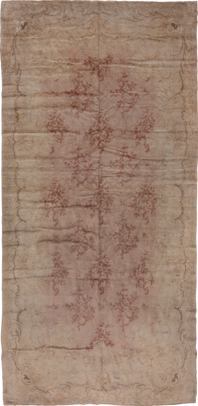 8' x 17' one-of-a-kind handmade vintage Savonnerie rug. Color palette: brown, gray, off-white, pink, red, snow, white