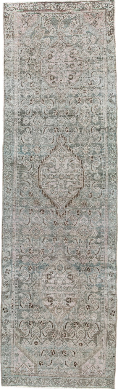 3' x 10' one-of-a-kind handmade vintage Malayer runner rug. Color palette: gray, light gray, off-white, silver, gainsboro