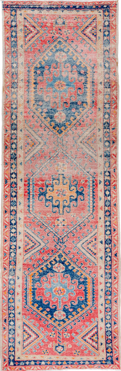 3' x 9' one-of-a-kind handmade vintage Heriz runner rug. Color palette: blue, gray, indian red, light blue, light gray