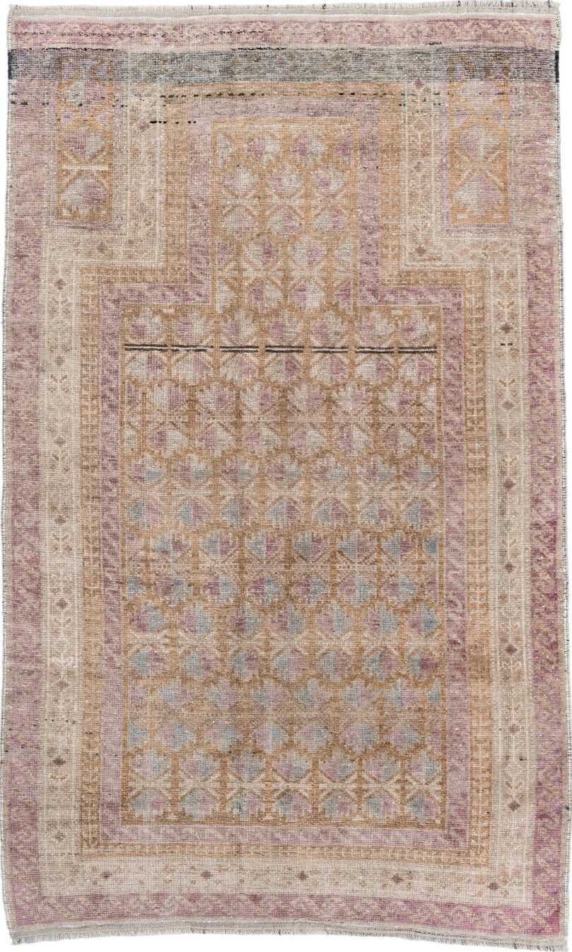 2' x 4' one-of-a-kind handmade vintage Belouch small size rug. Color palette: gray, light gray, off-white, pink, brown