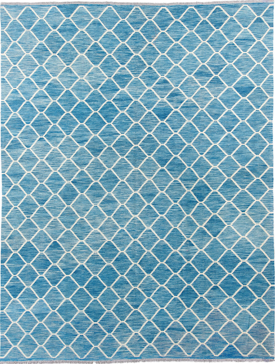 10' x 13' one-of-a-kind handmade vintage Kilim large size rug. Color palette: antiquewhite, blue, gray, honeydew, light blue