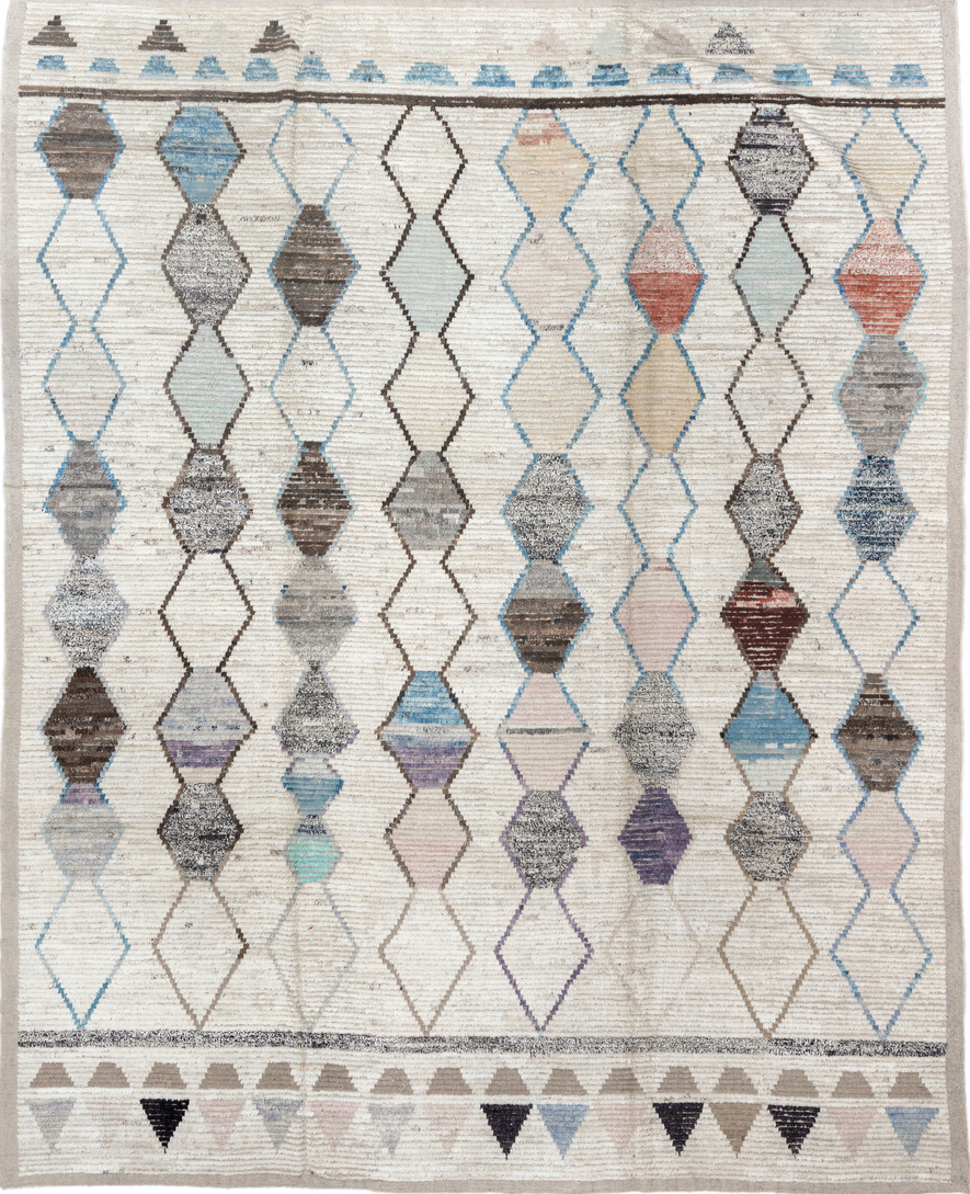 11' x 13' one-of-a-kind handmade vintage Tulu oversize rug. Color palette: blue, brown, dark gray, gainsboro, gray