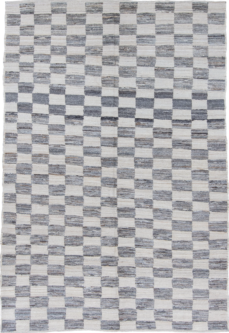 6' x 9' one-of-a-kind handmade vintage Tulu medium size rug. Color palette: dark gray, dim gray, gainsboro, gray, light blue