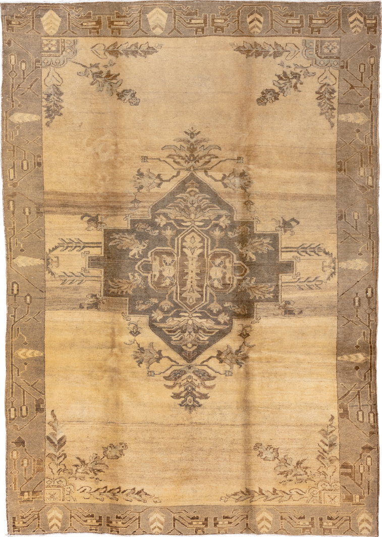 7' x 10' one-of-a-kind handmade vintage Oushak large size rug. Color palette: brown, burlywood, navajo white, off-white