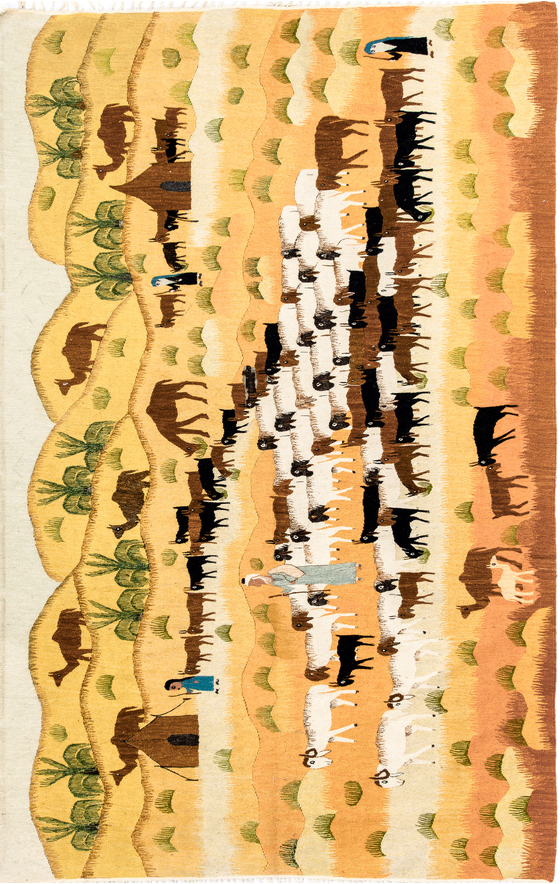 5' x 8' one-of-a-kind handmade vintage Tapestry medium size rug. Color palette: antiquewhite, beige, black, blue, brown