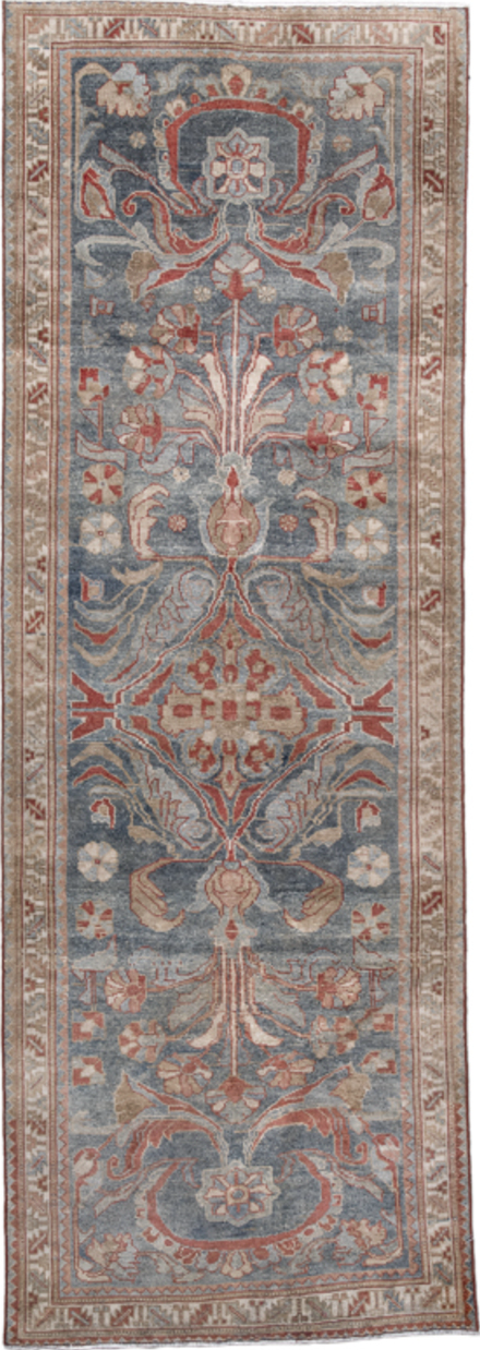 3' x 9' one-of-a-kind handmade vintage Lilian runner rug. Color palette: gray, blue, red, brown, light gray, off-white, pink