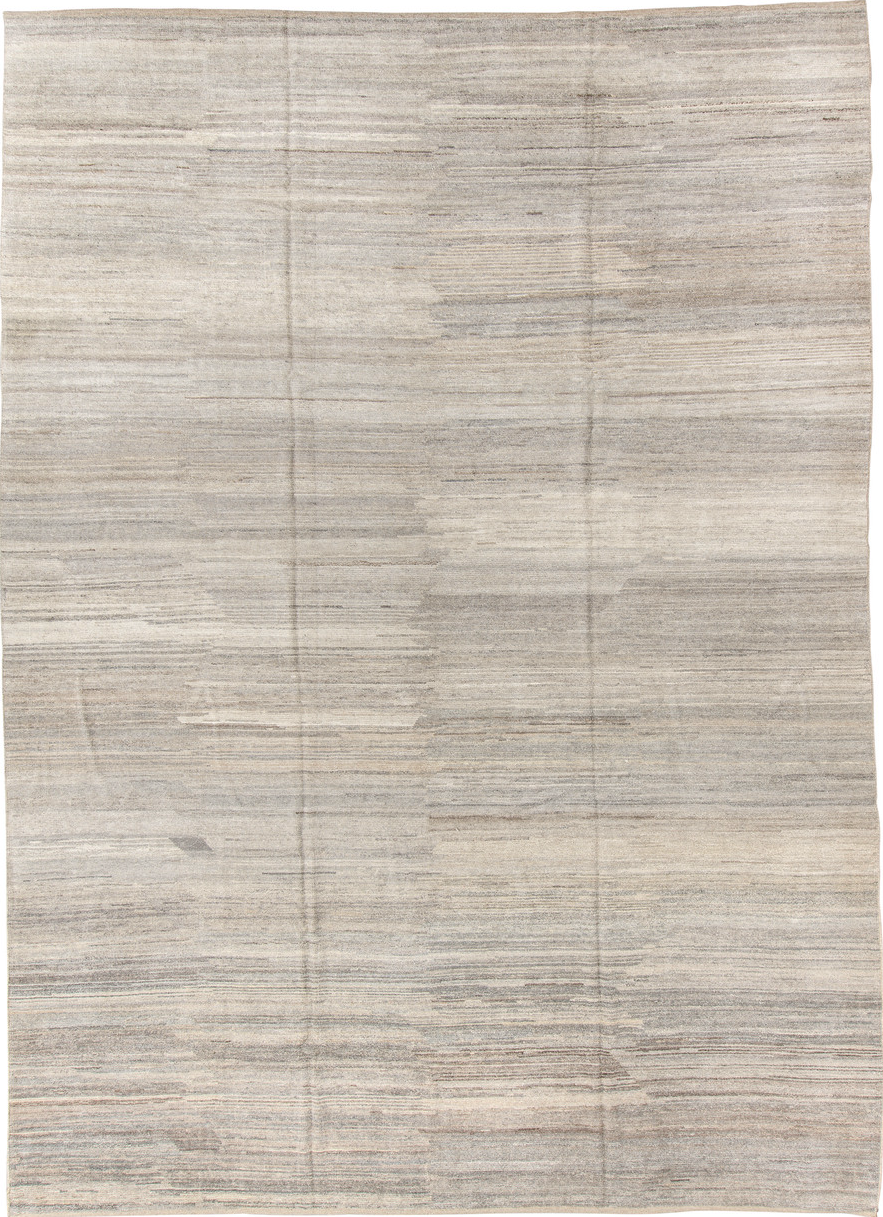 10' x 14' one-of-a-kind handmade vintage Tulu large size rug. Color palette: gray, light gray, off-white, pink, silver