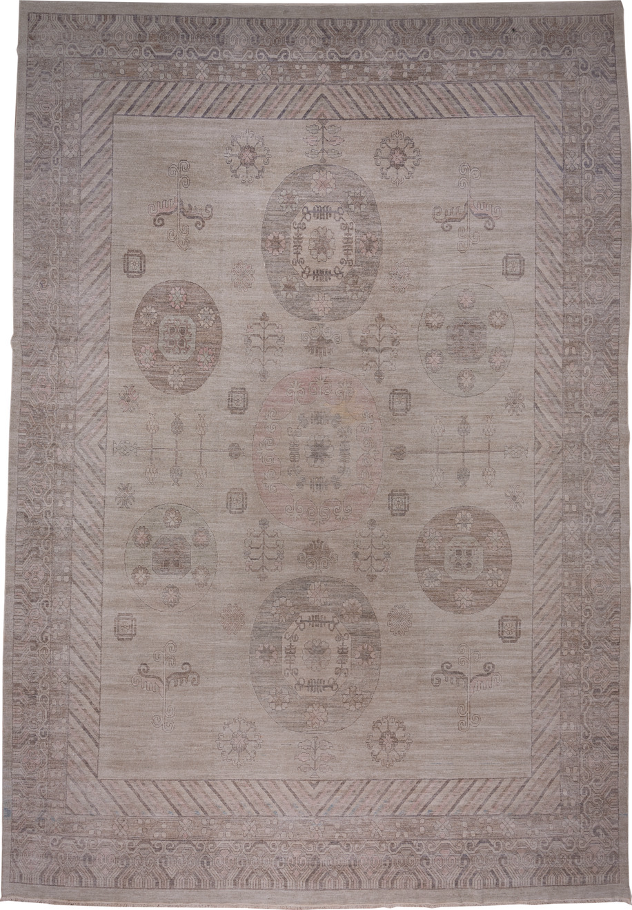12' x 18' one-of-a-kind handmade vintage Khotan oversize rug. Color palette: dim gray, gray, light gray, off-white, pink