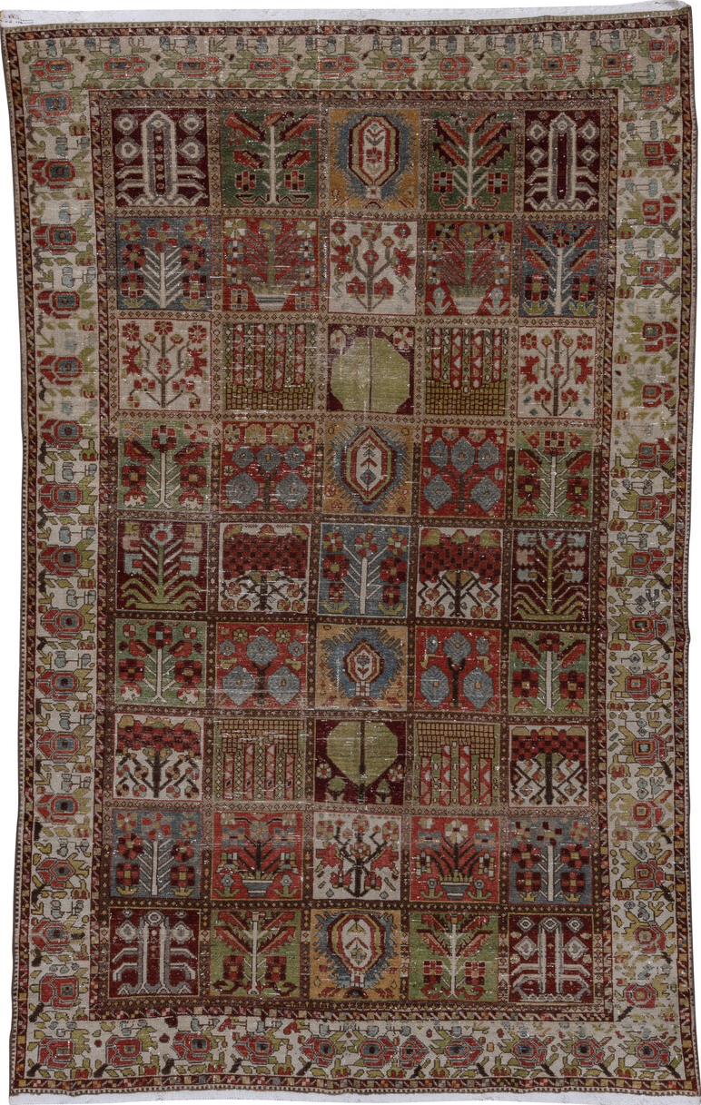 6' x 10' one-of-a-kind handmade vintage Baktiary large size rug. Color palette: brown, gray, light gray, off-white, pink