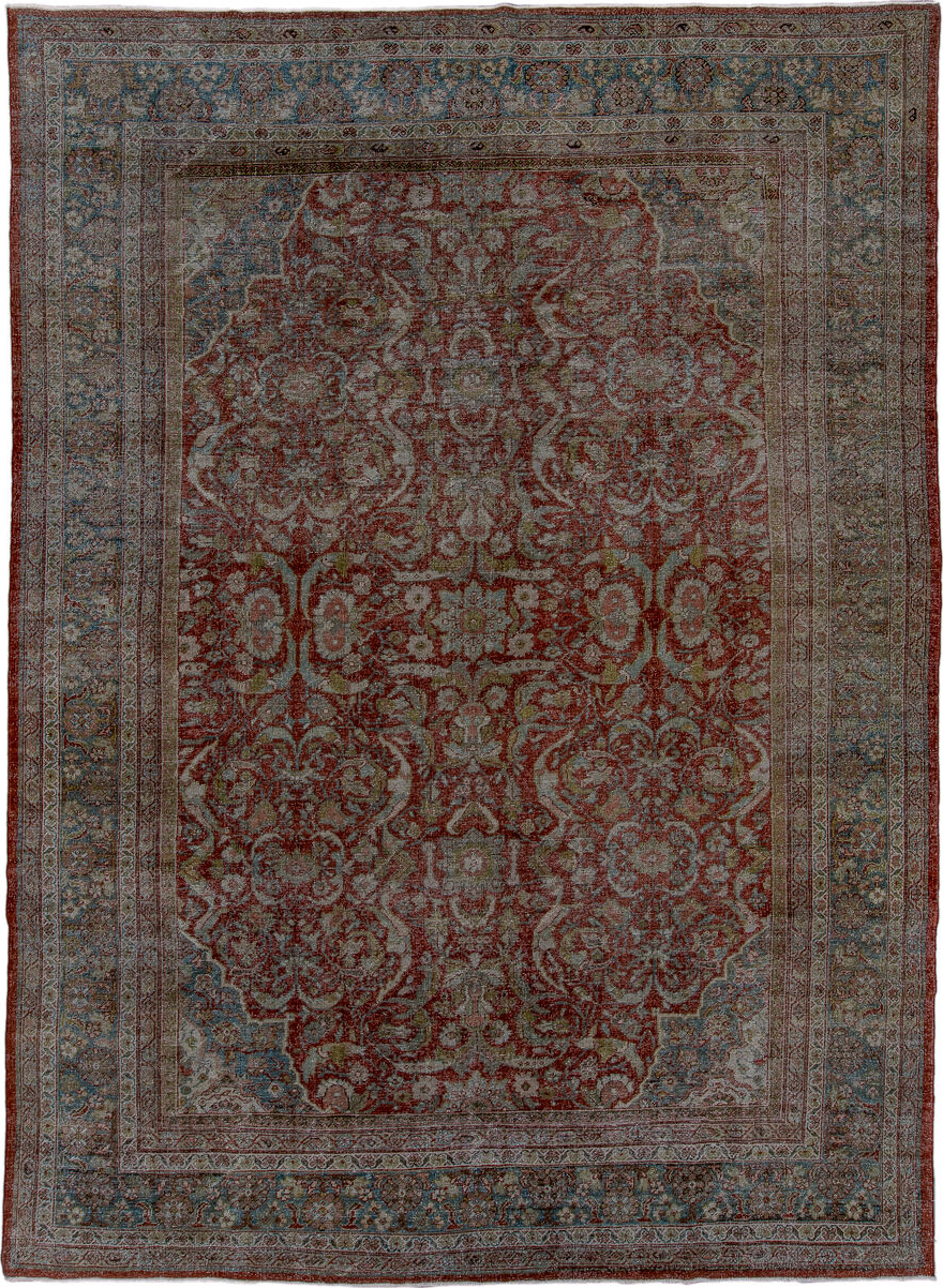 8' x 12' one-of-a-kind handmade vintage Mahal large size rug. Color palette: black, blue, brown, burgundy, charcoal, fiord
