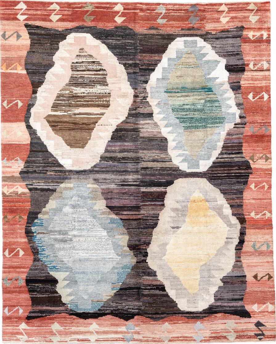 9' x 11' one-of-a-kind handmade vintage  large size rug. Color palette: gray, pink, blue, brown, red, black, light gray