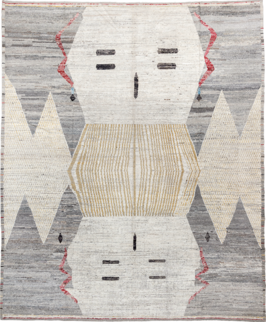 11' x 14' one-of-a-kind handmade vintage Tulu oversize rug. Color palette: gray, off-white, light gray, brown, pink