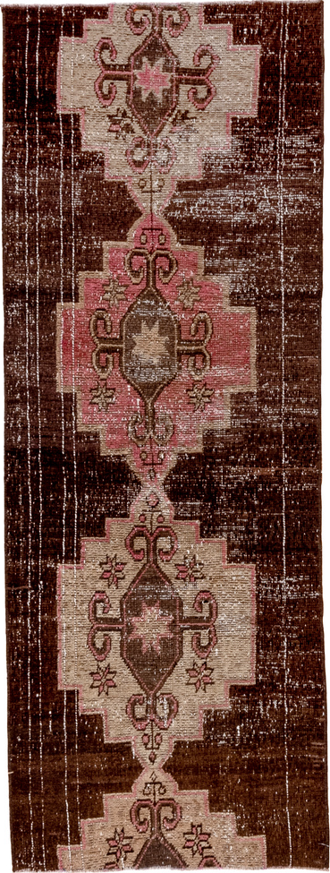 2' x 7' one-of-a-kind handmade vintage Kars runner rug. Color palette: black, brown, gray, light gray, off-white, pink
