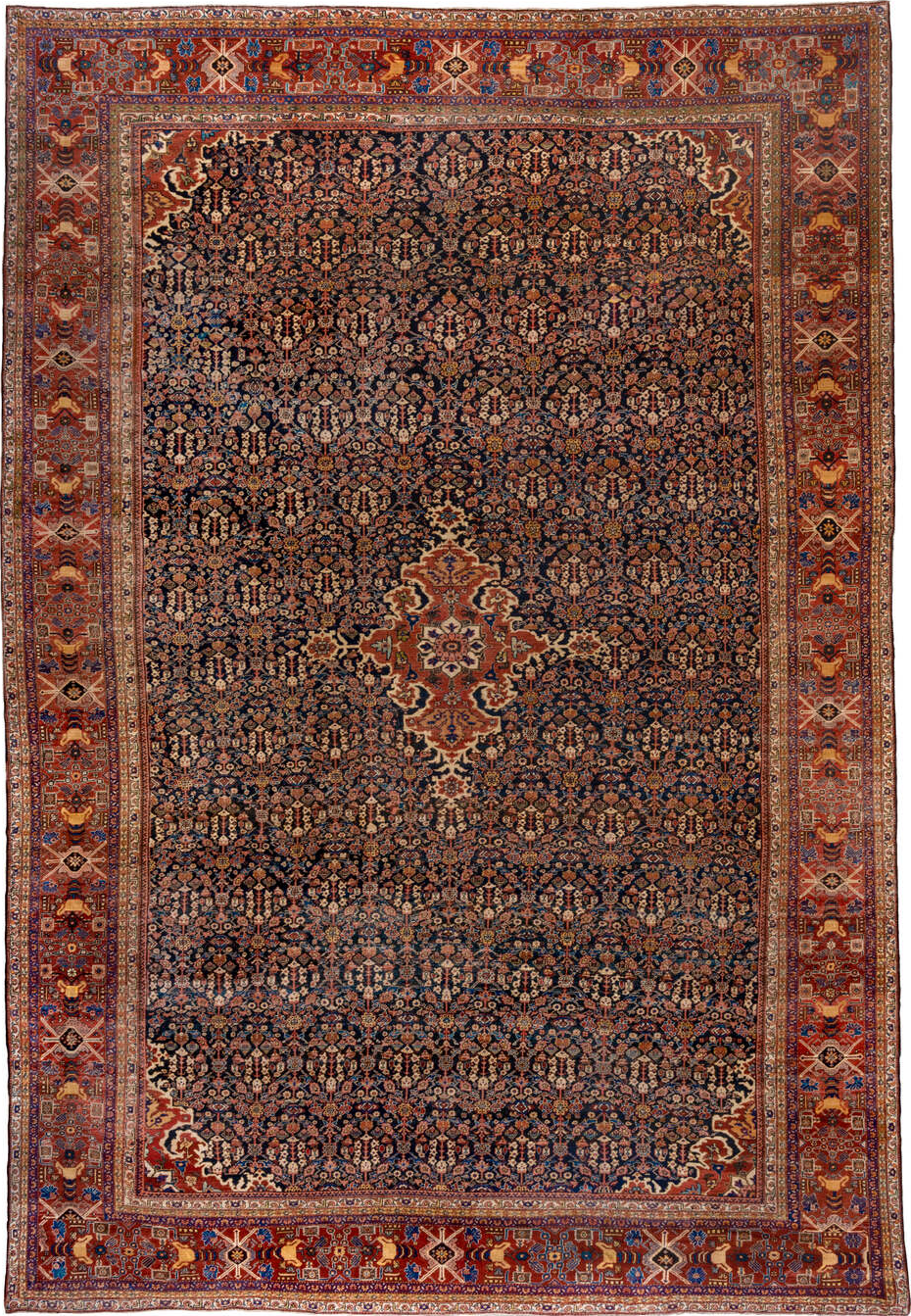 14' x 21' one-of-a-kind handmade vintage Sultanabad oversize rug. Color palette: black, blue, brown, gray, maroon, off-white