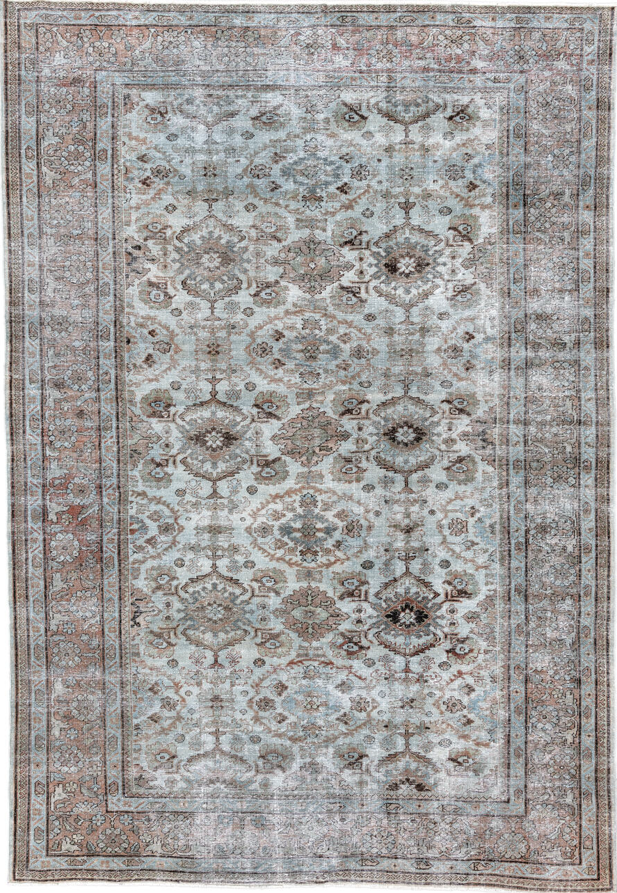 7' x 10' one-of-a-kind handmade vintage Mahal large size rug. Color palette: gray, light gray, black, off-white, blue, pink