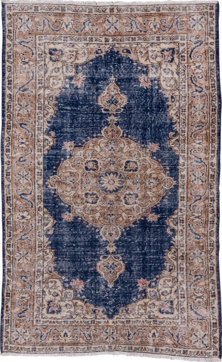 4' x 6' one-of-a-kind handmade vintage Oushak small size rug. Color palette: blue, brown, fiord, gray, light gray, off-white