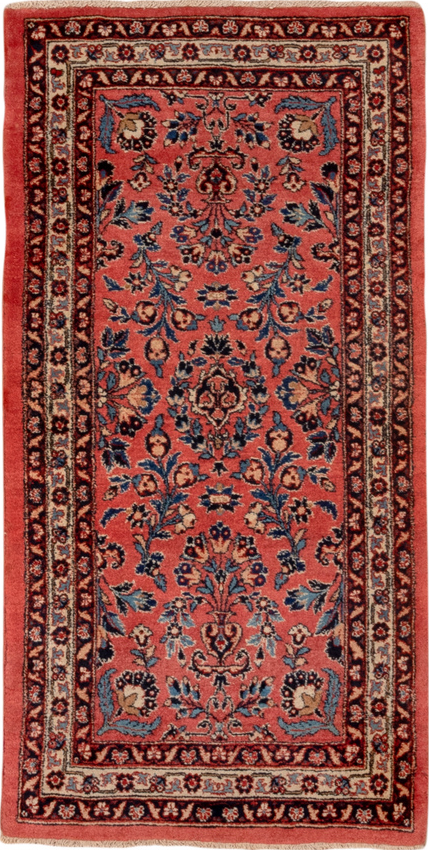 2' x 4' one-of-a-kind handmade vintage Kashan small size rug. Color palette: black, blue, brown, gray, orange, pink, red