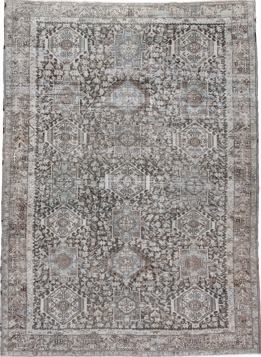 8' x 11' one-of-a-kind handmade vintage Karaje large size rug. Color palette: black, dark gray, dim gray, gainsboro, gray
