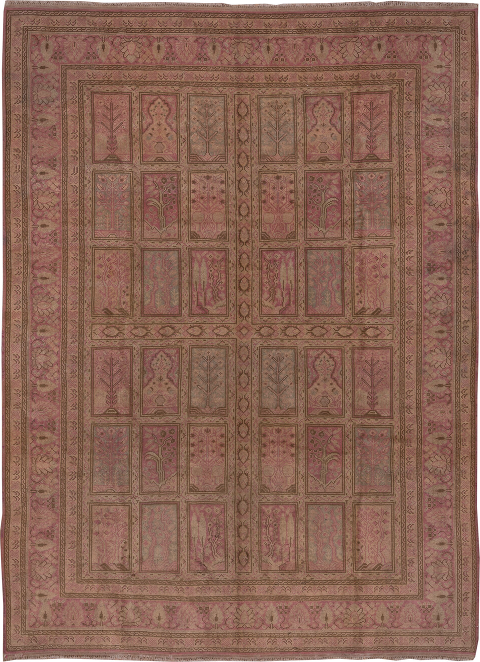 8' x 12' one-of-a-kind handmade vintage Oushak large size rug. Color palette: brown, pink, red, redwood