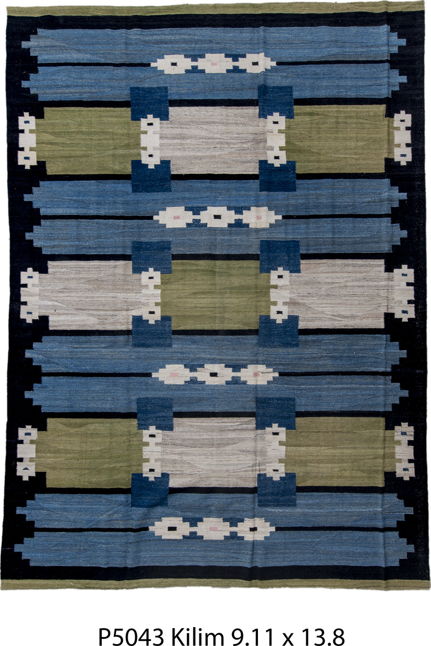 9' x 13' one-of-a-kind handmade vintage Kilim large size rug. Color palette: blue, dark gray, fiord, gray, light gray