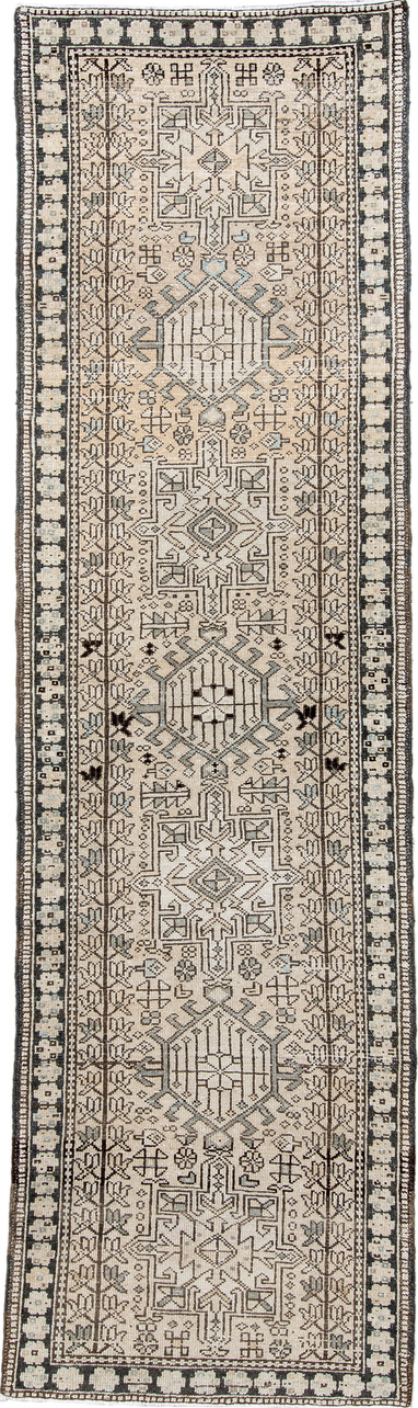 2' x 9' one-of-a-kind handmade vintage Karaje runner rug. Color palette: antiquewhite, black, brown, dark gray, gray