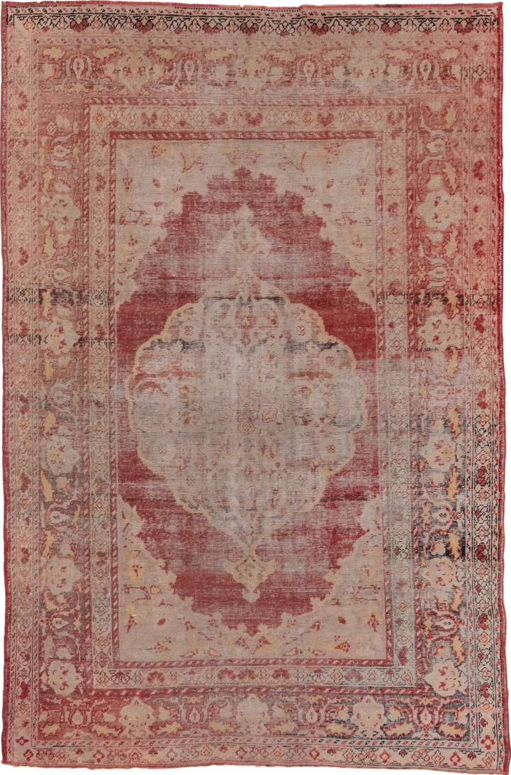5' x 9' one-of-a-kind handmade vintage Oushak medium size rug. Color palette: brown, gray, light gray, pink, red, redwood