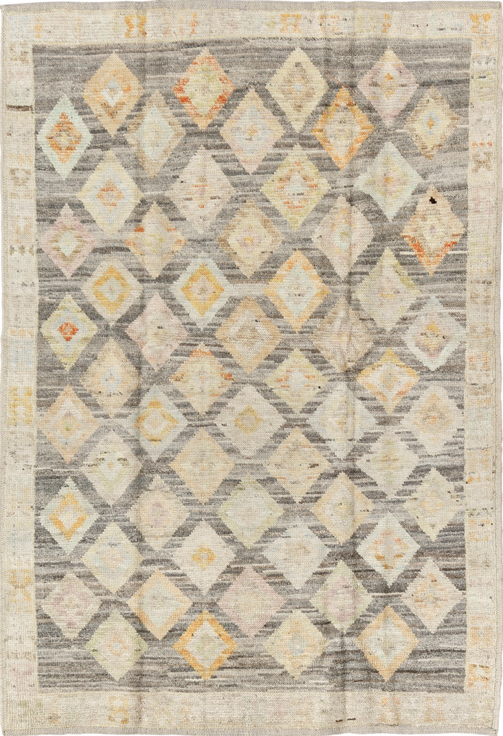 4' x 6' one-of-a-kind handmade vintage Tulu small size rug. Color palette: brown, gray, light gray, off-white, orange, tan