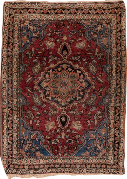 1' x 2' one-of-a-kind handmade vintage Far.Sarouk small size rug. Color palette: black, blue, brown, charcoal, gray, orange