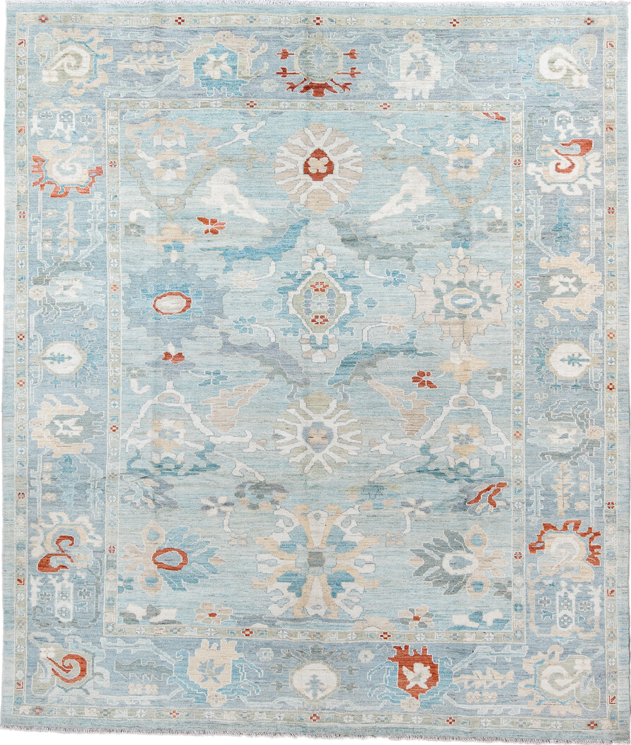10' x 11' one-of-a-kind handmade vintage Sultanabad large size rug. Color palette: blue, brown, gray, light blue, light gray