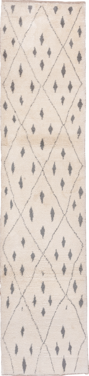3' x 13' one-of-a-kind handmade vintage Moroccan runner rug. Color palette: antiquewhite, dark gray, gray, light gray, linen