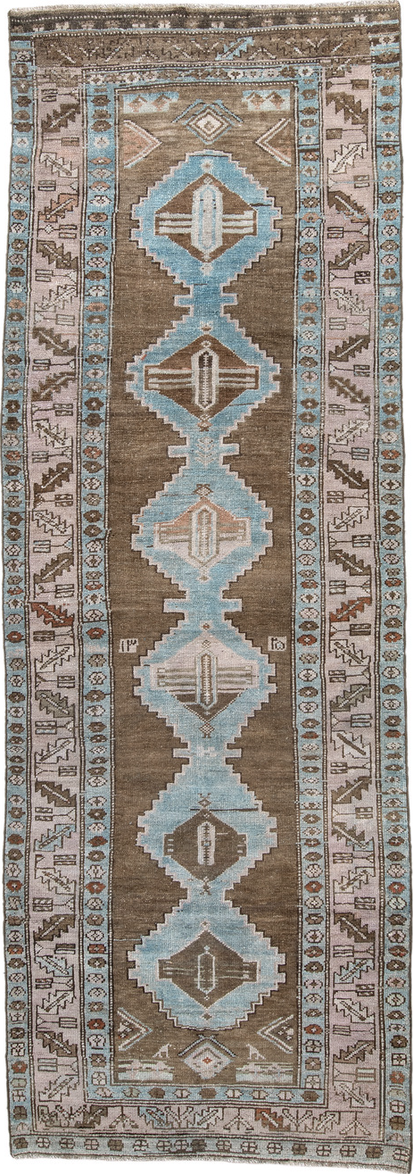 3' x 10' one-of-a-kind handmade vintage NW Persian runner rug. Color palette: blue, brown, dark gray, gray, light gray