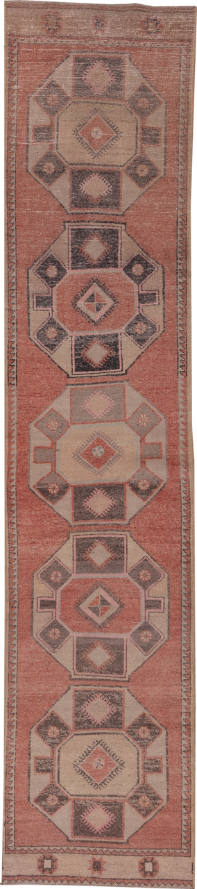 2' x 13' one-of-a-kind handmade vintage Oushak runner rug. Color palette: brown, gray, off-white, pink, snow, white