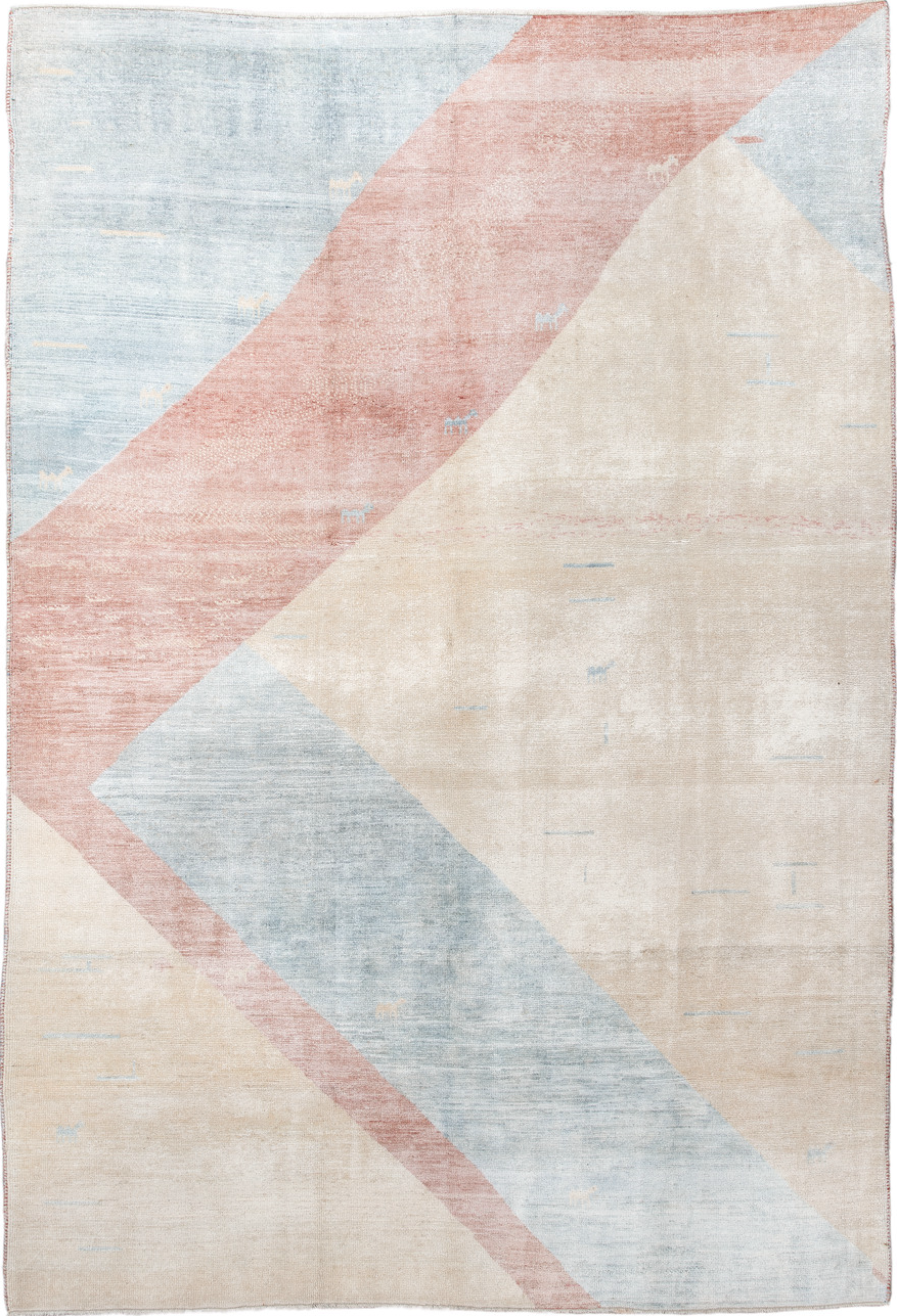 6' x 9' one-of-a-kind handmade vintage Gabbe medium size rug. Color palette: gray, light gray, off-white, pink, silver
