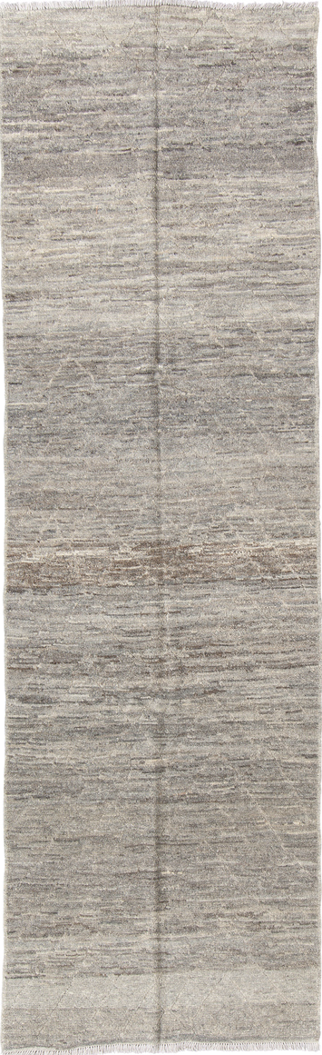 3' x 9' one-of-a-kind handmade vintage Tulu runner rug. Color palette: dim gray, gray, light gray, off-white, pink, silver