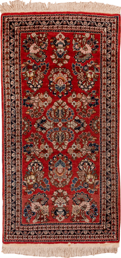 2' x 4' one-of-a-kind handmade vintage Sarouk small size rug. Color palette: black, brown, fire brick, gray, maroon