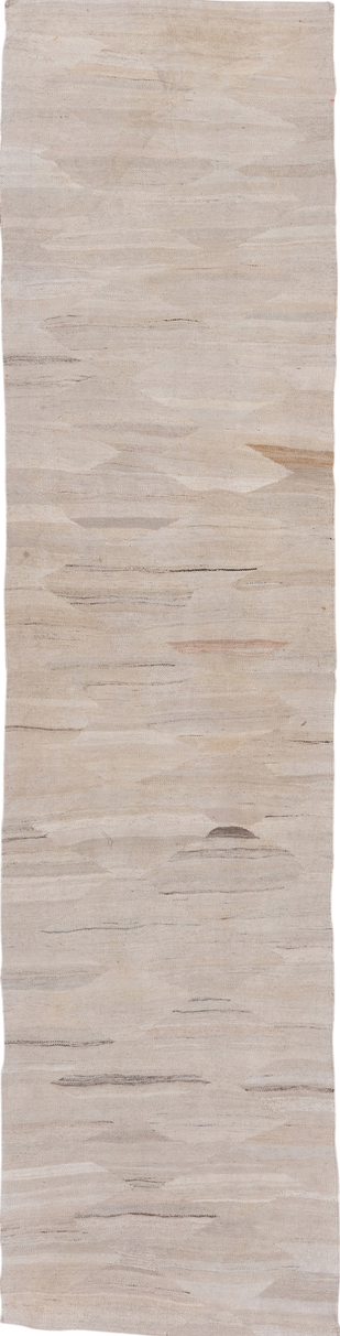 2' x 10' one-of-a-kind handmade vintage Kilim runner rug. Color palette: gray, light gray, off-white, pink, silver, snow
