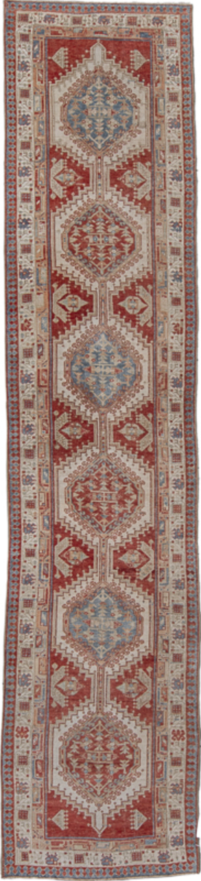 3' x 14' one-of-a-kind handmade vintage Sarab runner rug. Color palette: brown, dim gray, gray, pink, red