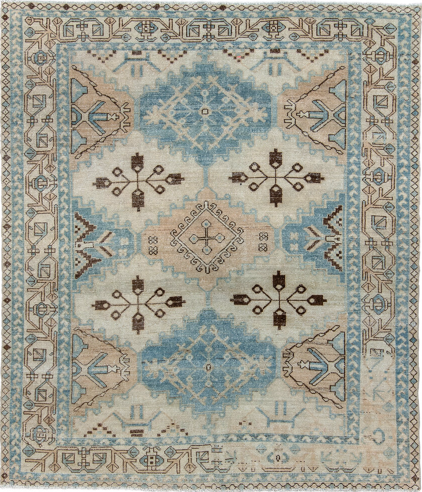 5' x 6' one-of-a-kind handmade vintage Baktiary rug. Color palette: gray, brown, off-white, light gray, blue, gainsboro