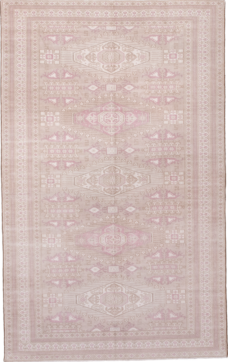 5' x 8' one-of-a-kind handmade vintage Sivas medium size rug. Color palette: gray, light gray, linen, off-white, pink