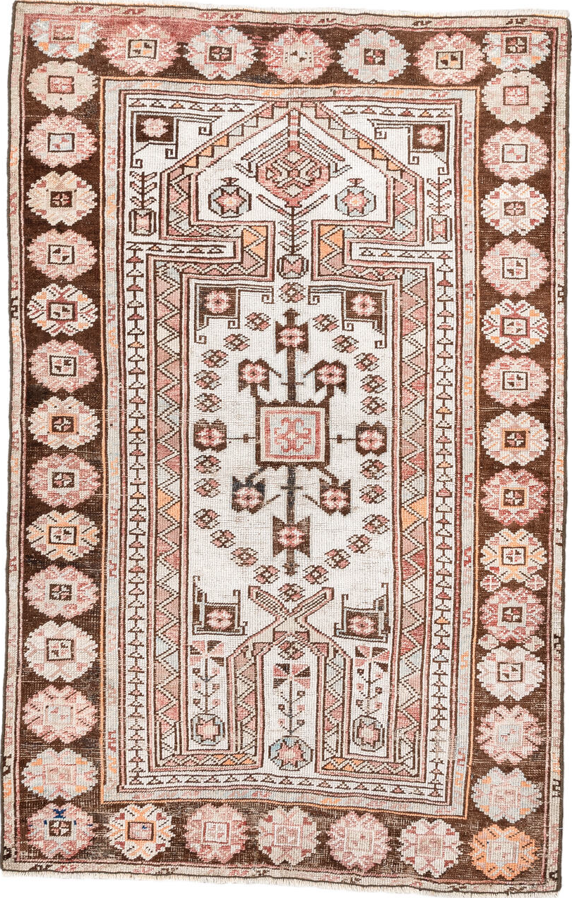 3' x 5' one-of-a-kind handmade vintage Anatol small size rug. Color palette: antiquewhite, brown, floral white, gainsboro