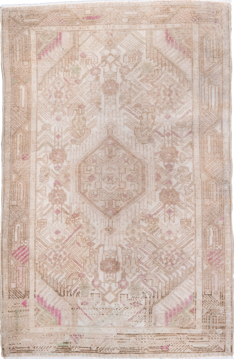 2' x 3' one-of-a-kind handmade vintage Malayer small size rug. Color palette: brown, gray, light gray, off-white, pink