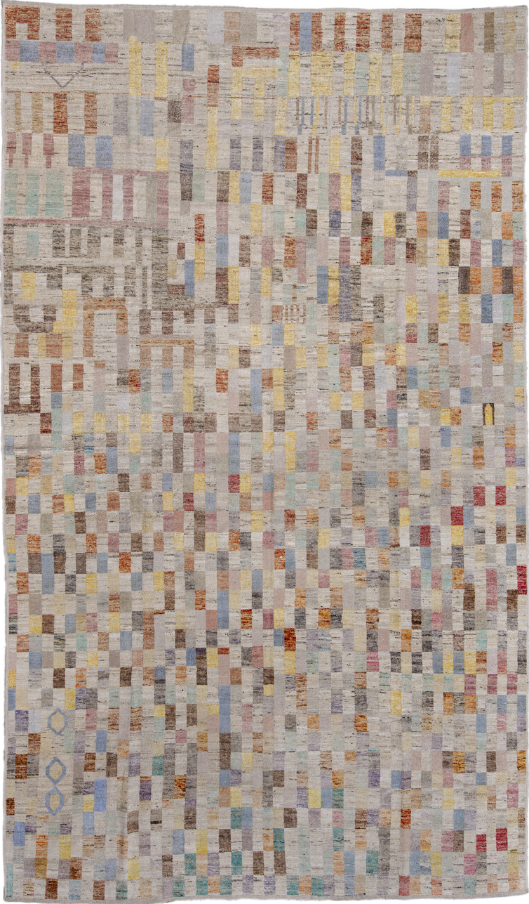 9' x 15' one-of-a-kind handmade vintage Tulu rug. Color palette: brown, gainsboro, gray, light gray, off-white, orange, pink